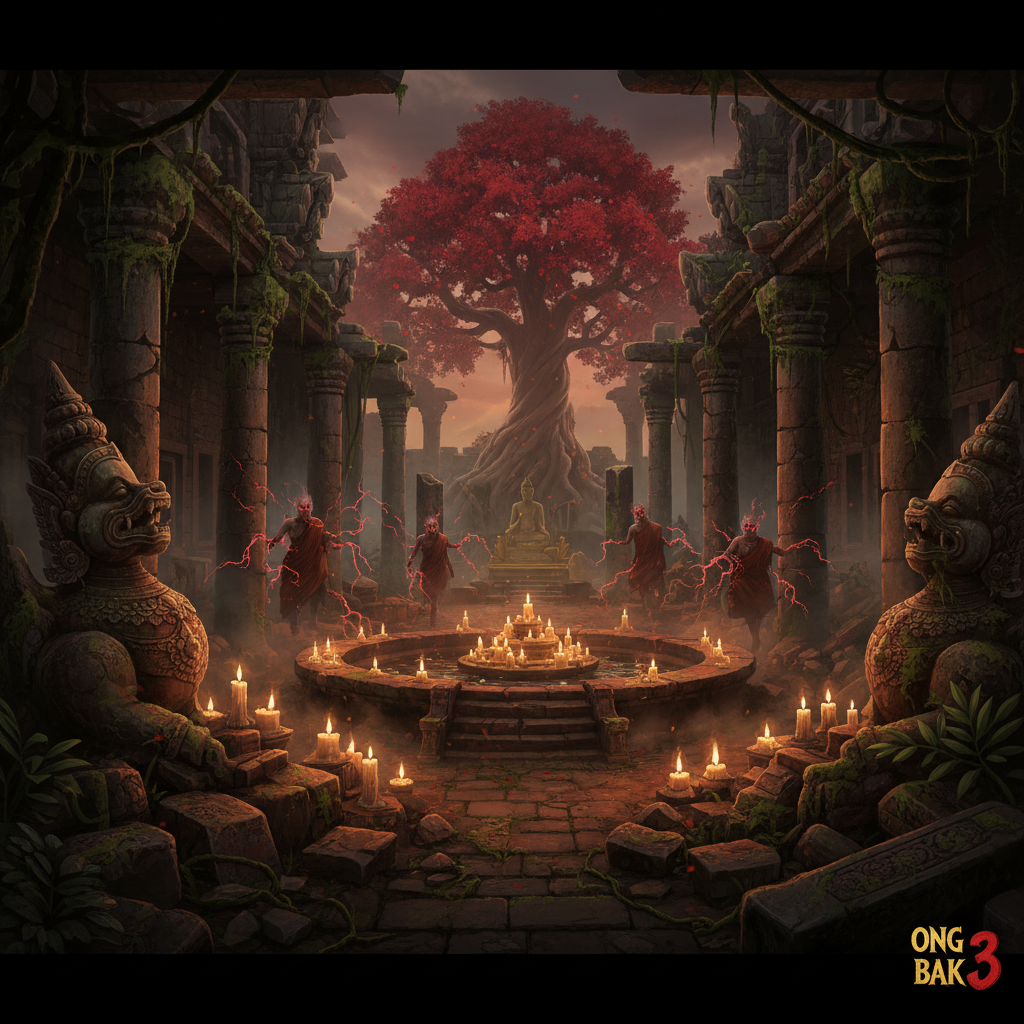 Ancient Buddhist temple ruins environment in Ong Bak 3 — crumbling stone carvings, candlelit meditation halls and supernatural enemies in a decayed Ayutthaya temple complex, game level