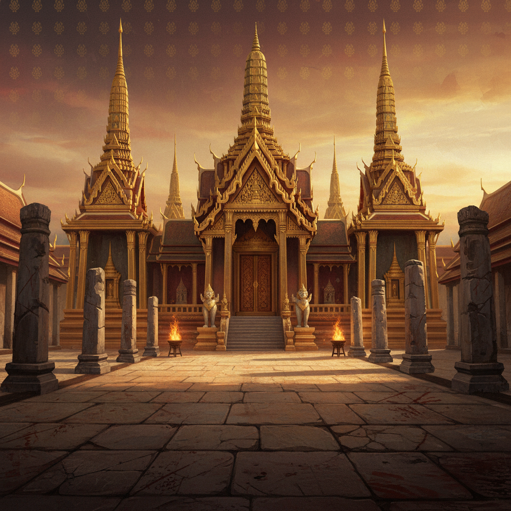 Ayutthaya Royal Palace environment in Ong Bak 3 — towering golden spires, ornate throne room and courtyard battlegrounds in ancient 15th-century Siam, game level location