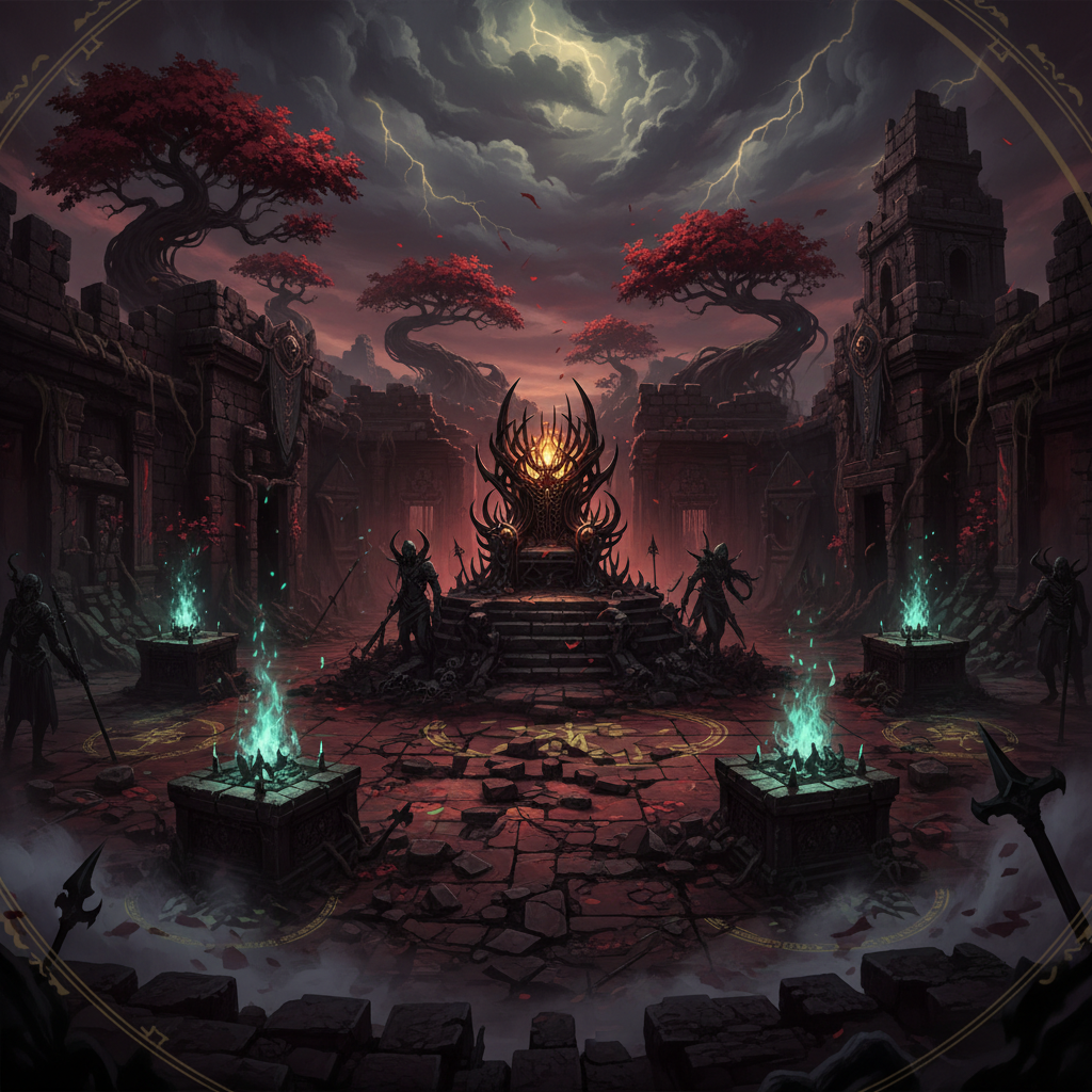 Bhuti Sangkha's cursed castle environment in Ong Bak 3 — a crumbling supernatural fortress shrouded in darkness with ritual altars and the dark mystic's throne room as the final boss arena, ancient Siam game level