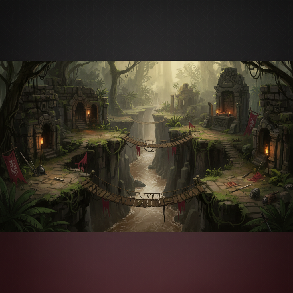 Jungle fortress environment in Ong Bak 3 — dense tropical jungle with crumbling stone guerrilla outpost, river cliffs and rope bridges used as combat arenas, ancient Siam game level