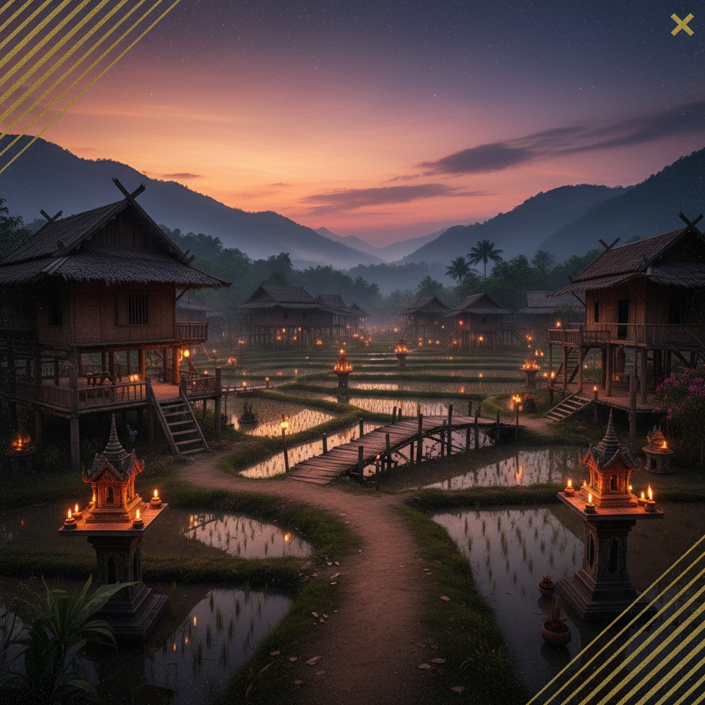 Kana Khone village environment in Ong Bak 3 — atmospheric ancient Thai village with bamboo houses, rice paddies and candlelit shrines at dusk, game level location