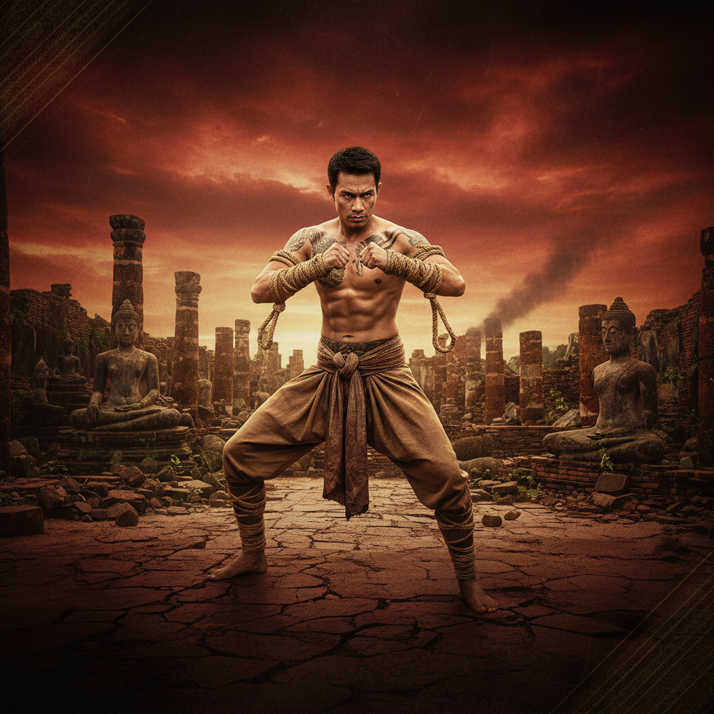 Ong Bak 3: The Awakening key art — warrior Tien in a fighting stance wielding Muay Boran in the ancient Ayutthaya Kingdom, surrounded by crumbling temple ruins under a blood-red sky, 15th-century Siam setting, 2026 action brawler game